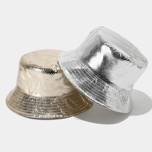 Metallic laser PU bucket hats with snake texture in gold and silver colors