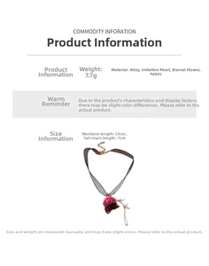 Detailed specs of lace choker necklace with red preserved rose and pearl pendant