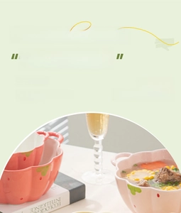 Pink pumpkin-shaped ceramic bowl with handles, oven and microwave safe feature detail