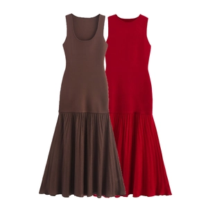 Vestito Lungo Senza Maniche In Maglia Spliced Scollo A U Orlo Plissettato Tinta Unita Elegante Slim Fit Donna