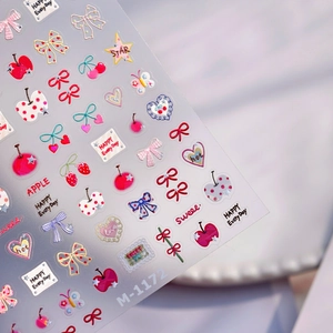 3D Embossed Nail Art Stickers Sweet Fruit Cherry Apple Bow Heart Patterns Self Adhesive Decals For DIY Manicure Women