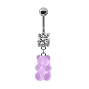 Detailed macro view of the silver bear navel ring featuring a purple gummy resin pendant