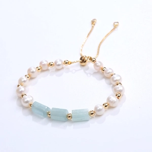 Aquamarine pillar stones and pearl adjustable bracelet with gold-plated metal beads