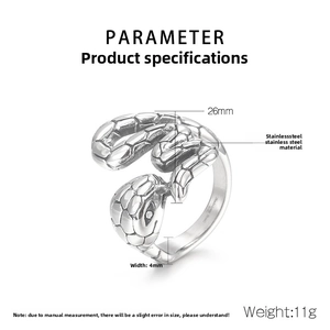 Detailed specs of stainless steel snake ring showing 11g weight and 4mm band width