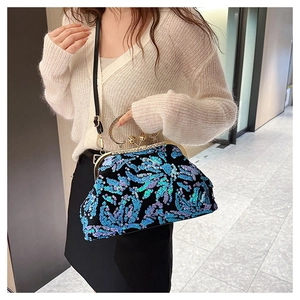 Chic sequined shell bag with blue-purple gradient and elegant gold metal handle