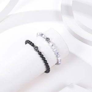 Projection I Love You couple bracelets with black matte and white marble beads