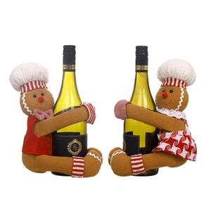 Gingerbread man wine bottle covers for Christmas decoration with plush vest and plaid skirt