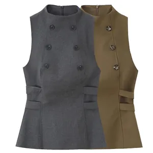 Sleeveless double-breasted vest tops for women in dark grey and khaki styles