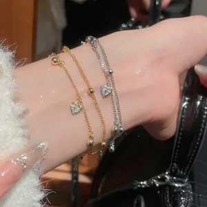 Double Layer Bracelet Heart Pendant Copper With Zircon 18K Gold Plated Beaded Chain Fashion Jewelry For Women