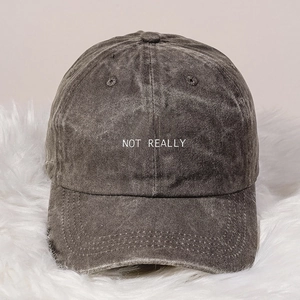 Detail of vintage washed charcoal baseball cap with NOT REALLY white embroidery