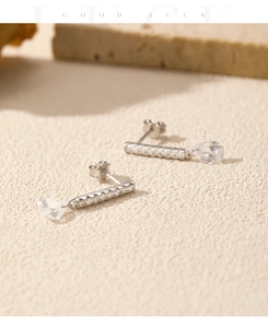 Detail view of s925 silver pear cut drop earrings with sparkling zircon inlay