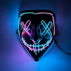 Detail of LED glowing mask with pink and ice blue neon wires for Halloween parties