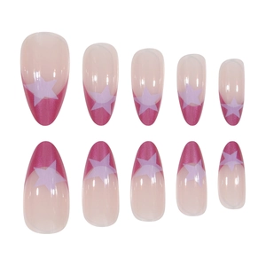 French tip press-on nails with purple stars on almond nude base, 10-piece set