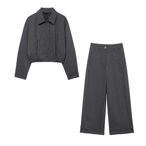 Damen Nadelstreifen Kurze Jacke Und Weite Hose Dunkelgrau Langarm Revers Hohe Taille Polyester Casual Streetwear Büro