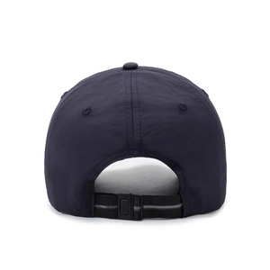 Rear view of navy blue quick-dry sports cap with adjustable buckle and reflective strap