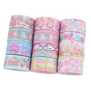 Detail of macaron grosgrain ribbons with cute cartoon prints for DIY hair bows