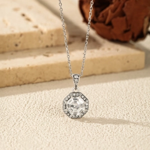 Vintage S925 sterling silver octagonal necklace with large step-cut zircon pendant