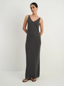 Detail of soft charcoal grey V-neck sleeveless knitted maxi dress for women in slim fit