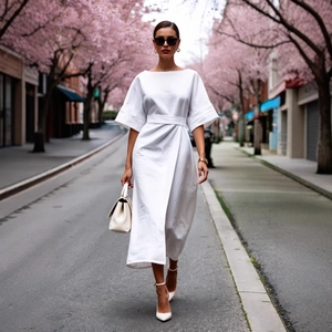 Elegant white cotton mid-sleeve maxi dress with waist tie on a blooming floral street