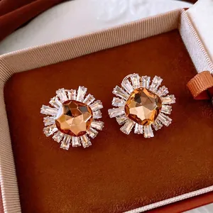 Vintage Sunflower Stud Earrings 18K Gold Plated Copper Amber Baguette Zircon With Silver Earring Post Retro For Women
