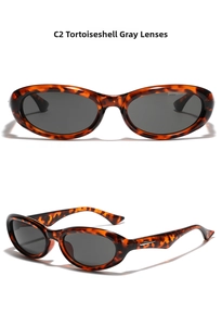Detail view of tortoiseshell oval sunglasses with dark gray lenses and premium texture