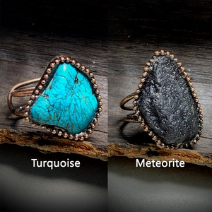 Vintage Irregular Turquoise Meteorite Open Adjustable Ring Handmade Bronze Copper Bead Decoration Niche Jewelry For Unisex
