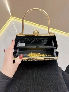 Open evening clutch bag with gold frame, pearl clasp and internal zipper pocket