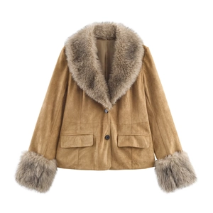 Women's camel suede jacket with faux fur collar and cuffs in a stylish short blazer cut