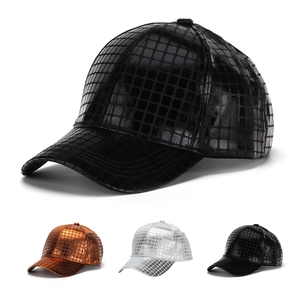 Metallic PU Leather Baseball Cap Shiny Square Grid Embossed Curved Brim Adjustable Outdoor Streetwear Fashion