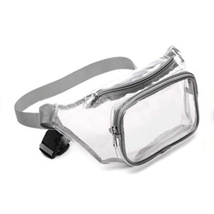 Waterproof clear PVC fanny pack with gray zipper trim and adjustable waist strap