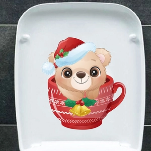Christmas bear toilet lid sticker featuring a cute bear in a red festive cup decal
