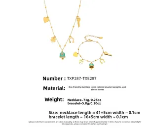Detailed view of gold stainless steel jewelry set featuring teal enamel heart pendants