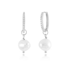 Macro detail of S925 silver hoop earrings with pave diamonds and white pearl drop