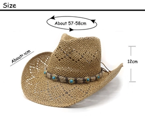 Detail of hollow-out straw cowboy hat showing 58cm circumference and 8.5cm brim size