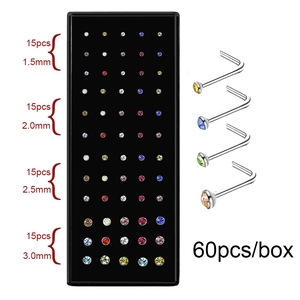 60-piece set of L-shaped stainless steel nose studs with crystals in 4 various sizes