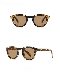 Detail view of leopard print retro round sunglasses in front and 45-degree side angles