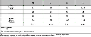 Maattabel voor satijnen kanten top met afmetingen in CM voor de maten XS, S, M en L