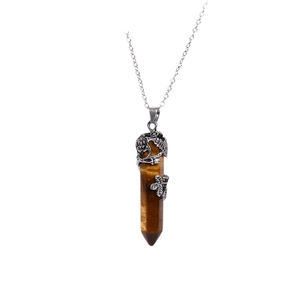 Polished tiger eye hexagonal prism pendant necklace with silver vine filigree detail