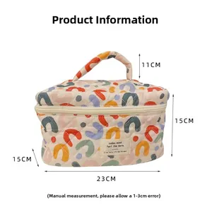 Quilted cotton makeup bag with colorful abstract patterns and 23x15x15cm dimensions