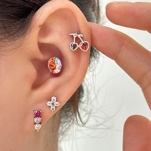 Titanium steel stud earring set with cherry, cross, and heart shaped zircon crystals