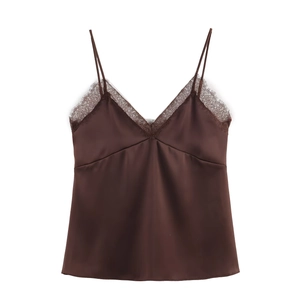 Satin Camisole Lace Trim V Neck Sleeveless Backless Sexy Streetwear Women Adjustable Straps