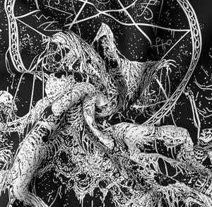 Detailed macro view of the skeleton and pentagram print on gothic mystical tapestry