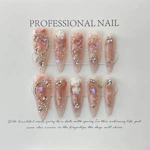Handmade almond press-on nails with 3D white roses and sparkling rhinestones