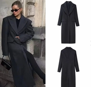 Detail view of long black wool blend overcoat with lapels and triple button closure