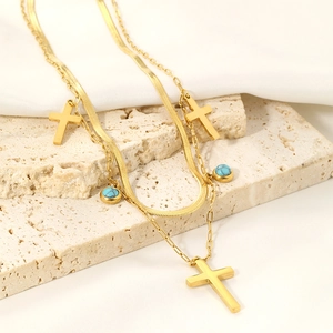 Double-layered gold-plated stainless steel necklace with turquoise beads and cross pendants