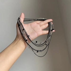 Collana Multistrato Con Perle Di Cristallo Di Vetro Catena In Ferro Argento Nero Geometrico Tondo Stile Gotico Dark