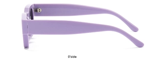 Detailed 0-degree side view of lavender purple square sunglasses with robust metal hinges