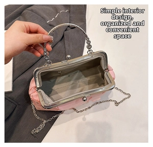 Detailed interior of pink embroidered clasp bag with silver frame and metal chain strap