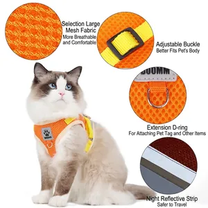 Reflective orange cat harness vest with breathable mesh and adjustable safety buckles