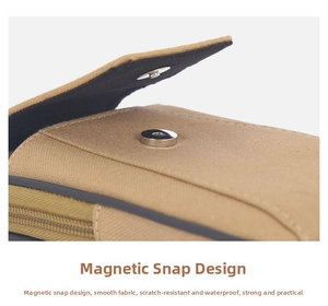 Detail of durable khaki canvas bag showing silver magnetic snap and waterproof fabric